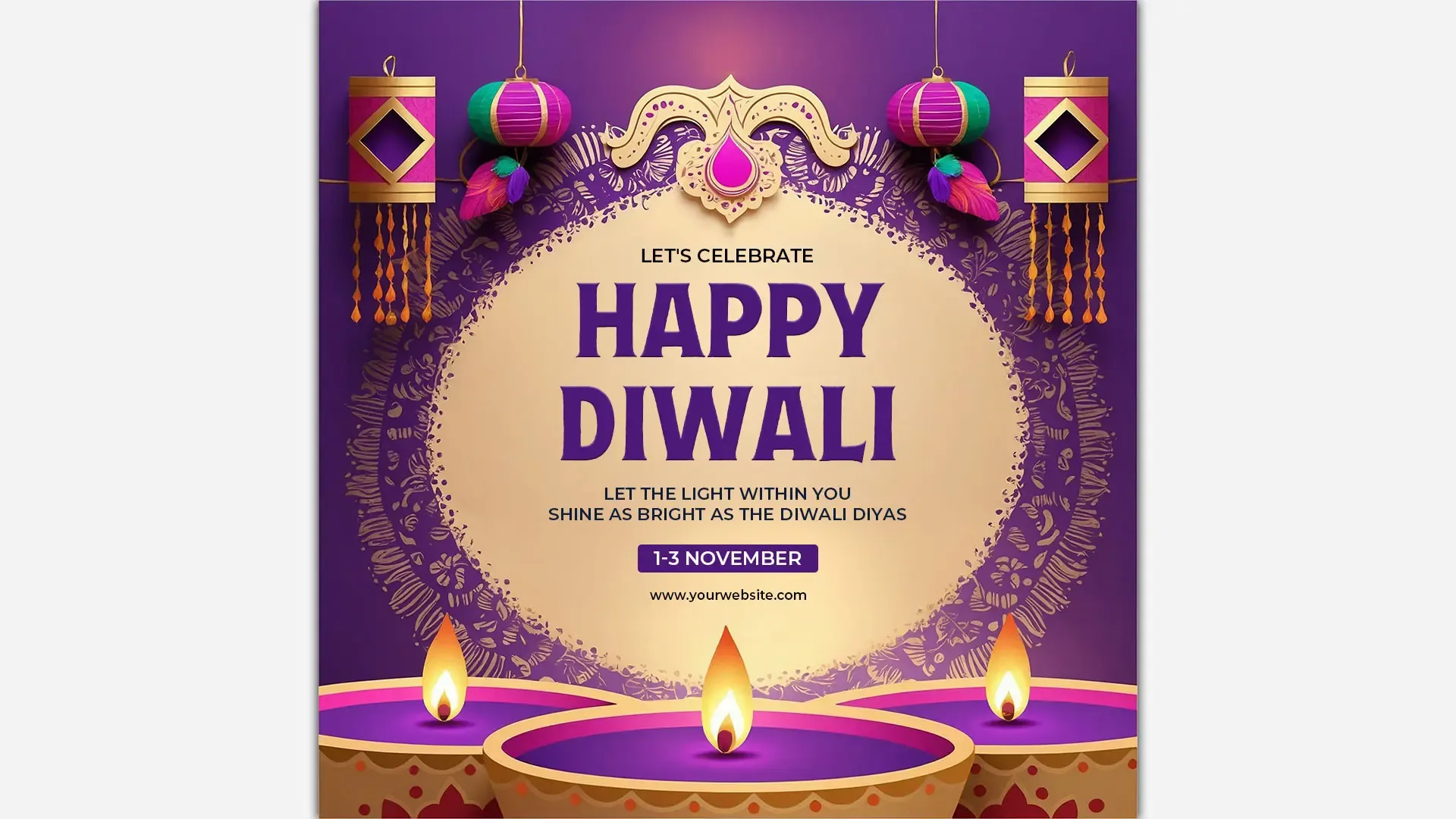 Traditional Diwali Greetings PSD Lantern and Diya Decor for Instagram Post